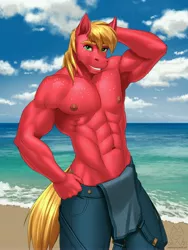 Size: 4500x6000 | Tagged: suggestive, alternate version, artist:mykegreywolf, derpibooru import, big macintosh, anthro, earth pony, unguligrade anthro, abs, absurd resolution, areola, beach, belly button, clothes, cutie mark, dungarees, fetish, freckles, image, jpeg, looking at you, male, muscles, muscular male, nipples, nudity, ocean, outdoors, partial nudity, sand, smiling, solo, solo male, stupid sexy big macintosh, topless
