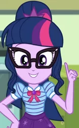 Size: 1920x3075 | Tagged: safe, derpibooru import, screencap, sci-twi, twilight sparkle, equestria girls, equestria girls series, holidays unwrapped, spoiler:eqg series (season 2), bowtie, cropped, cute, female, geode of telekinesis, glasses, hallway, image, jewelry, jpeg, lockers, magical geodes, necklace, o come all ye squashful, ponytail, smiling, solo, twiabetes