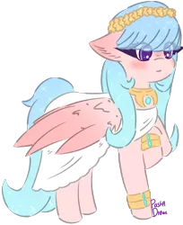 Size: 1372x1680 | Tagged: safe, artist:pasteldraws, derpibooru import, pegasus, pony, accessories, blushing, clothes, cute, dress, flower, image, png, redesign, regal, simple background, solo, sparkles, transparent background