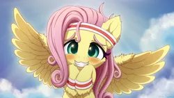 Size: 3200x1800 | Tagged: safe, artist:symbianl, derpibooru import, fluttershy, pegasus, pony, hurricane fluttershy, blushing, cute, daaaaaaaaaaaw, ear fluff, female, grin, headband, hoof fluff, image, looking at you, mare, png, scene interpretation, shyabetes, smiling, solo, spread wings, sweatband, wing fluff, wings, wristband