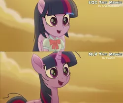Size: 3725x3120 | Tagged: safe, artist:aryatheeditor, derpibooru import, screencap, twilight sparkle, twilight sparkle (alicorn), alicorn, pony, equestria girls, my little pony: the movie, bowtie, clothes, comparison, cute, desert, digital art, equestria girls interpretation, excited, female, human and pony, image, jpeg, magical geodes, mare, movie, movie accurate, movie reference, open mouth, outfit, ponied up, pony ears, scene interpretation, screencap reference, shirt, twiabetes, wings