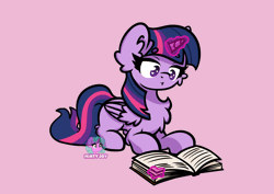 Size: 4960x3508 | Tagged: safe, artist:minty joy, derpibooru import, twilight sparkle, twilight sparkle (alicorn), alicorn, pony, animated, blinking, book, cheek fluff, chest fluff, ear fluff, gif, image, lying down, magic, magic aura, perfect loop, prone, reading, shaking, solo, tail, tail wag, telekinesis, wing twitch, wings