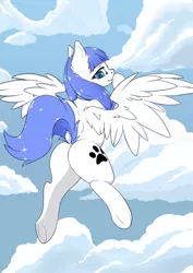 Size: 3508x4961 | Tagged: safe, alternate version, artist:wbp, derpibooru import, oc, oc:snow pup, pegasus, pony, butt, cloud, collar, commission, female, frog (hoof), image, looking back, mare, paw prints, pegasus oc, plot, png, raised tail, simple background, solo, spread wings, tail, underhoof, wings