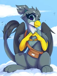 Size: 1500x2000 | Tagged: safe, artist:shadowreindeer, derpibooru import, gabby, gryphon, accessory, chest fluff, cloud, cute, fluffy, gabbybetes, heart hands, image, jpeg, looking at you, mailbag, one eye closed, sitting, wink, winking at you