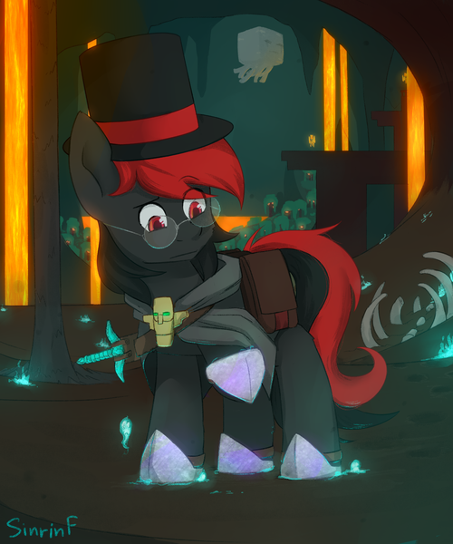 Size: 2480x2976 | Tagged: safe, artist:sinrinf, derpibooru import, oc, oc:lucille, earth pony, pony, commission, fire, ghast, glasses, hat, image, lava, minecraft, nether, nether (minecraft), png, solo, soul sand valley, sword, totem, video game, weapon, ych result, your character here