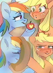 Size: 3000x4096 | Tagged: safe, artist:kencee6, derpibooru import, applejack, rainbow dash, earth pony, pegasus, pony, apple, appledash, bite mark, bitten apple, blushing, covering face, female, food, hat, hat over eyes, heart, heart shaped, image, jpeg, lesbian, looking at each other, shipping, smiling