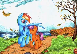 Size: 6952x4912 | Tagged: safe, artist:yellowrobin, banned from derpibooru, deleted from derpibooru, derpibooru import, rainbow dash, scootaloo, pegasus, pony, duo, image, jpeg, leaf, rain, scootalove, tree, wing umbrella, wings