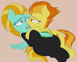 Size: 3708x3000 | Tagged: suggestive, artist:blitzyflair, derpibooru import, lightning dust, spitfire, pegasus, pony, belly button, blushing, clothes, drool, drool string, female, image, jpeg, kissing, lesbian, lidded eyes, looking at each other, lying down, mare, open mouth, shipping, simple background, spitdust, tongue out, uniform, washouts uniform