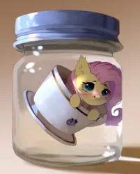 Size: 977x1213 | Tagged: safe, artist:astralblues, derpibooru import, fluttershy, pony, bottle, cup, cute, image, jpeg, shy, solo, teacup