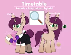 Size: 2772x2116 | Tagged: safe, artist:moonatik, derpibooru import, oc, oc:timetable, unofficial characters only, bat pony, hybrid, pony, unicorn, bat pony oc, bat wings, clothes, cravat, cutie mark, fangs, gradient hooves, horn, image, png, reference sheet, shoes, suggestive description, text, tights, unicorn oc, wings