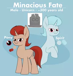 Size: 2220x2323 | Tagged: safe, artist:moonatik, derpibooru import, oc, oc:minacious fate, unofficial characters only, ghost, ghost pony, pony, undead, unicorn, cutie mark, horn, image, png, reference sheet, semi-grimdark in the description, text, unicorn oc