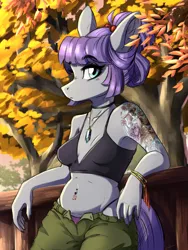Size: 3000x4000 | Tagged: safe, artist:faline-art, derpibooru import, maud pie, anthro, earth pony, pony, alternate hairstyle, armpits, belly button, belly piercing, breasts, ear fluff, female, high res, image, jewelry, mare, mouth hold, necklace, pink panties, png, tattoo