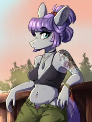 Size: 3000x4000 | Tagged: safe, alternate version, artist:faline-art, derpibooru import, maud pie, anthro, earth pony, alternate hairstyle, armpits, belly button, belly piercing, breasts, ear fluff, female, image, jewelry, jpeg, necklace, pink panties, tattoo