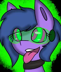 Size: 807x943 | Tagged: source needed, safe, artist:askhypnoswirl, oc, oc:feather freight, unofficial characters only, pony, black background, bust, collar, femboy, hypnogear, image, jpeg, male, simple background, solo, swirly eyes, tongue out, trap