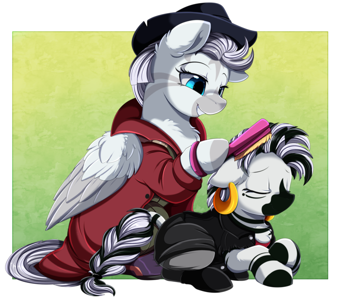 Size: 3780x3148 | Tagged: safe, artist:pridark, derpibooru import, oc, oc:crystal eclair, oc:xian, pegasus, pony, zebra, fallout equestria, fallout equestria: influx, brush, clothes, fanfic art, female, hairbrush, image, mother and child, mother and daughter, png, terminator