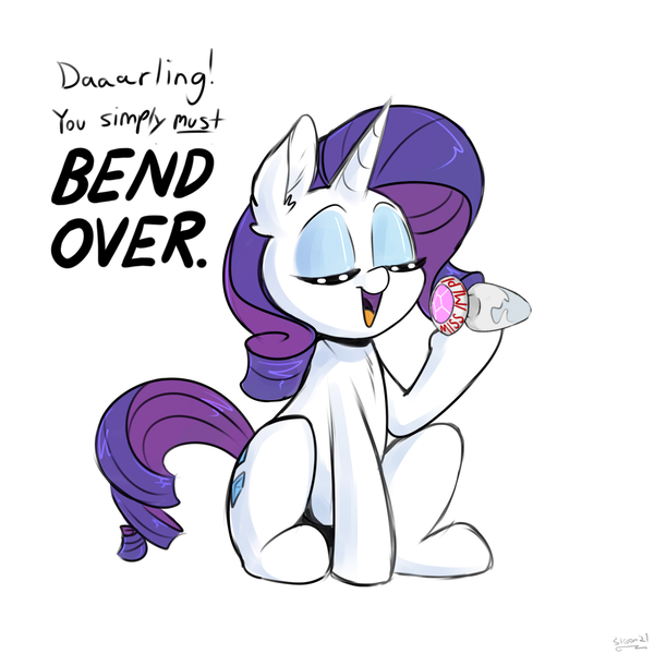 Size: 1920x1920 | Tagged: questionable, artist:skoon, derpibooru import, edit, rarity, pony, unicorn, bend over, buttplug, darling, dialogue, ear fluff, exploitable, exploitable meme, eyes closed, female, image, jeweled buttplug, lube, mare, meme, png, rarity's latest accessory, sex toy, simple background, solo