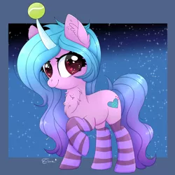 Size: 1500x1500 | Tagged: safe, artist:splashofsweet, derpibooru import, izzy moonbow, pony, unicorn, abstract background, ball, chest fluff, clothes, cute, ear fluff, eyelashes, female, g5, heart eyes, horn, horn guard, horn impalement, hornball, image, izzy's tennis ball, izzybetes, looking at you, mare, png, raised hoof, signature, smiling, socks, solo, stars, striped socks, tennis ball, wingding eyes