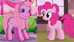 Size: 1280x720 | Tagged: safe, derpibooru import, screencap, pinkie pie, pinkie pie (g3), earth pony, positively pink, three's a crowd, comparison, cropped, g3, g3 to g4, generation leap, image, jpeg