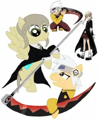 Size: 1080x1350 | Tagged: safe, artist:ponyrefaa, derpibooru import, ponified, human, pegasus, pony, clothes, image, jpeg, rearing, scythe, simple background, smiling, soul eater, white background