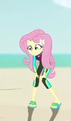 Size: 183x309 | Tagged: safe, derpibooru import, screencap, fluttershy, aww... baby turtles, equestria girls, equestria girls series, beach, clothes, cropped, image, png, sandals, swimsuit, wetsuit