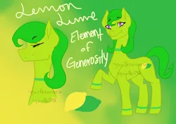 Size: 1700x1200 | Tagged: safe, artist:squirtlesuniverse, derpibooru import, oc, oc:lemon lime, unofficial characters only, earth pony, pony, abstract background, bust, duo, earth pony oc, eyes closed, female, image, mare, png, raised hoof, reference sheet