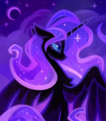 Size: 1080x1230 | Tagged: safe, artist:adreamera, derpibooru import, nightmare moon, alicorn, pony, crescent moon, female, image, jpeg, mare, moon, night, sitting, solo, spread wings, wings