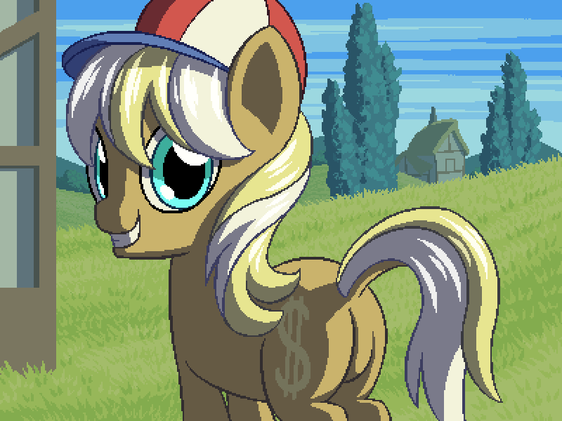 Size: 800x600 | Tagged: safe, artist:rangelost, derpibooru import, long shot, earth pony, pony, cyoa:d20 pony, butt, dock, female, grass, hat, house, image, looking at you, looking back, looking back at you, mare, outdoors, plot, png, ponyville, rear view, sky, solo