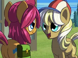 Size: 800x600 | Tagged: safe, artist:rangelost, derpibooru import, long shot, oc, oc:trailblazer, earth pony, pony, cyoa:d20 pony, bag, butt, dock, duo, female, grass, house, image, mare, open mouth, plot, png, ponyville, rear view, saddle bag, sky, talking