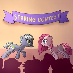 Size: 1000x1000 | Tagged: safe, artist:cappie, derpibooru import, limestone pie, pinkie pie, earth pony, pony, angry, background pony, banner, cheering, contest, crowd, female, image, mare, pinkamena diane pie, png, stare, staring contest