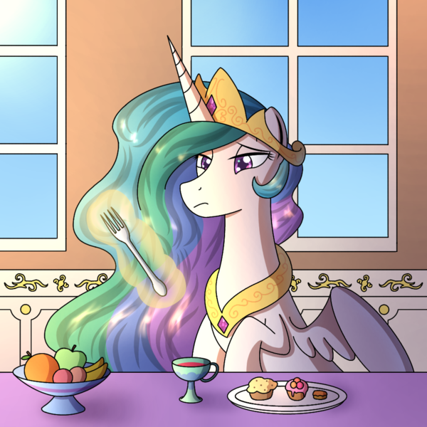 Size: 1000x1000 | Tagged: safe, artist:cappie, derpibooru import, princess celestia, pony, bored, breakfast, celestia is not amused, crown, cup, cupcake, food, fork, fruit, image, jewelry, magic, muffin, png, regalia, solo, table, unamused, window