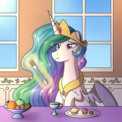 Size: 1000x1000 | Tagged: safe, artist:cappie, derpibooru import, princess celestia, pony, bored, breakfast, celestia is not amused, crown, cup, cupcake, food, fork, fruit, image, jewelry, magic, muffin, png, regalia, solo, table, unamused, window