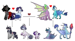 Size: 1280x712 | Tagged: safe, artist:mathisnotmy, derpibooru import, king sombra, princess ember, rarity, spike, oc, oc:amethyst flame, oc:apatite, oc:faint, oc:nephritis, oc:night passion, dracony, dragon, hybrid, pony, unicorn, adult, adult spike, bloodstone scepter, divorce, emberspike, family tree, female, half-siblings, image, interspecies offspring, male, offspring, older, older spike, parent:king sombra, parent:princess ember, parent:rarity, parent:spike, parents:emberspike, parents:sombrarity, parents:sparity, png, shipping, simple background, sombrarity, sparity, step-siblings, straight, transparent background, winged spike