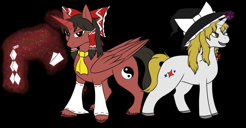 Size: 1280x669 | Tagged: safe, artist:eta-carinae, derpibooru import, ponified, alicorn, pony, bow, crossover, duo, female, hakurei reimu, hat, image, jpeg, kirisame marisa, mare, miko, touhou, witch, witch hat