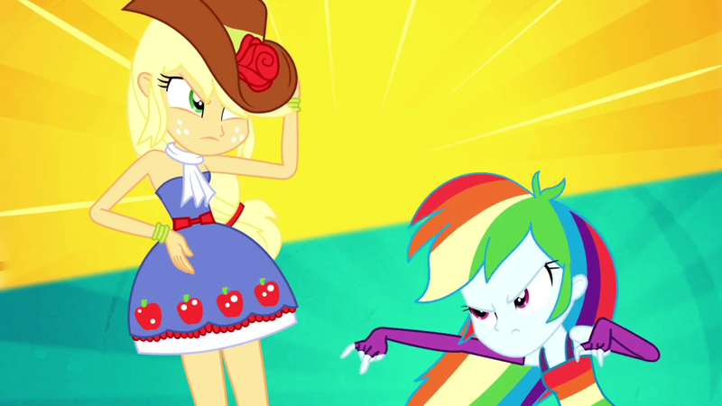 Size: 1280x720 | Tagged: safe, derpibooru import, screencap, applejack, rainbow dash, eqg summertime shorts, equestria girls, raise this roof, armpits, bare shoulders, clothes, cowboy hat, cutie mark, cutie mark on clothes, devil horn (gesture), dress, duo, duo female, fall formal outfits, female, fingerless gloves, freckles, gloves, hat, image, png, sleeveless, strapless