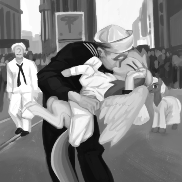 Size: 1000x1000 | Tagged: safe, artist:redruin01, derpibooru import, rainbow dash, oc, oc:anon, pegasus, pony, black and white, carrying, clothes, embrace, grayscale, holding a pony, image, kissing, monochrome, png, sailor uniform, times square, uniform, world war ii
