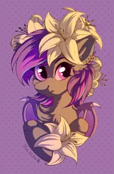 Size: 2853x4356 | Tagged: safe, artist:lilclim, derpibooru import, oc, oc:platinum wing, bat pony, fluffy pony, pony, background, big eyes, bust, chest fluff, colored, cute, digital art, female, flat colors, flower, fluffy, high res, image, lilies, lineart, mare, open eyes, png, portrait, smiling, solo, wings