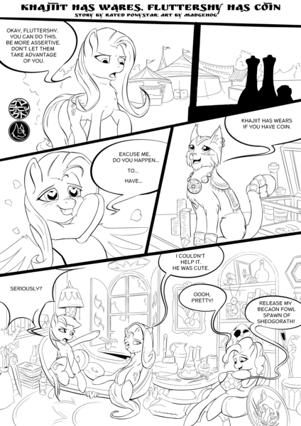 Size: 2480x3508 | Tagged: safe, artist:madgehog, derpibooru import, fluttershy, pinkie pie, rainbow dash, khajiit, pony, alfiq, black and white, carrot, cheese, dialogue, feral, food, grayscale, heart eyes, helmet, horned helmet, image, mehrunes razor, merdidia's beacon, misspelling, monochrome, png, potion, shield, skyrim, speech bubble, staff, sweetroll, sword, the elder scrolls, wabbajack, weapon, wingding eyes