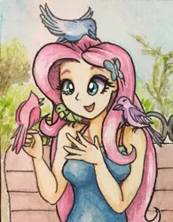 Size: 630x808 | Tagged: safe, artist:astevenamedwolf, derpibooru import, fluttershy, bird, equestria girls, equestria girls series, female, image, jpeg, traditional art