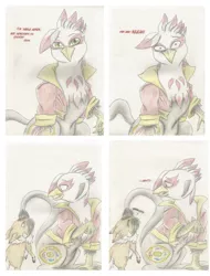 Size: 2133x2812 | Tagged: safe, artist:cindertale, derpibooru import, oc, unofficial characters only, deer, gryphon, chest fluff, clothes, comic, confused, deer oc, dialogue, griffon oc, image, jpeg, looking back, mouth hold, tail, tail pull, traditional art, wide eyes