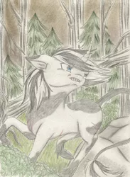 Size: 2097x2860 | Tagged: safe, artist:cindertale, derpibooru import, oc, unofficial characters only, pony, unicorn, forest, horn, image, jpeg, looking back, outdoors, raised hoof, solo, traditional art, tree, unicorn oc