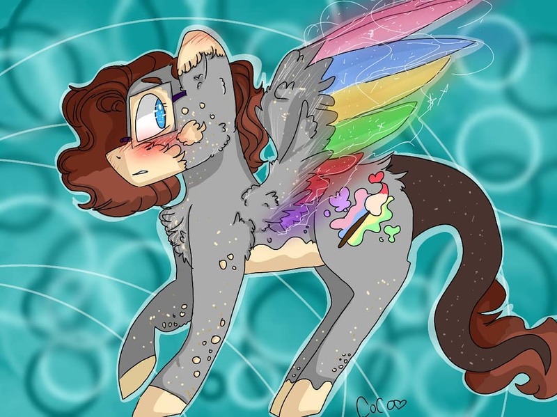 Size: 1080x809 | Tagged: safe, artist:cocolove2176, derpibooru import, oc, unofficial characters only, pegasus, pony, abstract background, blushing, colored wings, female, image, jpeg, mare, multicolored wings, pegasus oc, rainbow wings, signature, solo, wings