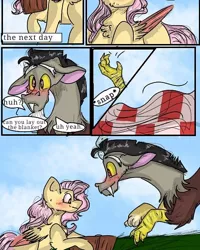 Size: 540x676 | Tagged: safe, artist:cocolove2176, derpibooru import, discord, fluttershy, draconequus, pegasus, pony, comic:fluttering chaos, blushing, comic, discoshy, female, image, jpeg, male, mare, outdoors, picnic, shipping, smiling, straight, wings
