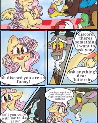 Size: 645x807 | Tagged: safe, artist:cocolove2176, derpibooru import, discord, fluttershy, draconequus, pegasus, pony, comic:fluttering chaos, blushing, comic, discoshy, female, image, jpeg, male, mare, picnic, shipping, smiling, straight, wings
