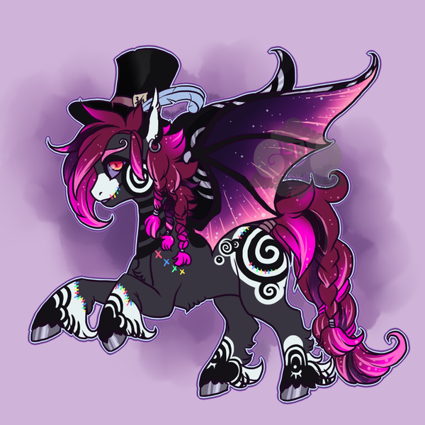 Size: 900x900 | Tagged: safe, artist:lavvythejackalope, derpibooru import, oc, unofficial characters only, bat pony, pony, abstract background, bat pony oc, bat wings, hat, hoof fluff, hoof polish, image, male, png, rearing, solo, stallion, tattoo, top hat, wings