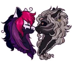 Size: 750x700 | Tagged: safe, artist:lavvythejackalope, derpibooru import, oc, unofficial characters only, earth pony, pony, bust, commission, duo, ear fluff, ear piercing, earring, earth pony oc, eyes closed, image, jewelry, looking at each other, piercing, png, simple background, smiling, transparent background, ych result