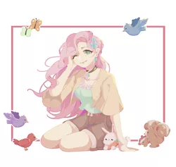Size: 1280x1215 | Tagged: safe, artist:kamekomikan, derpibooru import, fluttershy, bird, butterfly, human, insect, rabbit, squirrel, animal, carrot, choker, clothes, ear piercing, earring, female, food, hairclip, humanized, image, jacket, jewelry, jpeg, one eye closed, piercing, shorts, simple background, solo, white background, windswept hair