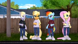 Size: 3840x2160 | Tagged: safe, artist:owlpirate, derpibooru import, applejack, derpy hooves, fluttershy, rainbow dash, anthro, plantigrade anthro, 3d, alcohol, arm hooves, beer, beer can, image, king of the hill, png, source filmmaker