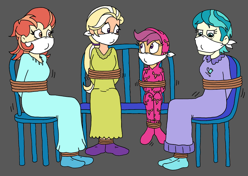 Size: 2067x1470 | Tagged: safe, artist:bugssonicx, derpibooru import, aunt holiday, auntie lofty, mane allgood, scootaloo, equestria girls, arm behind back, bondage, bound and gagged, cloth gag, clothes, costume, footed sleeper, gag, image, kigurumi, nightgown, pajamas, png, rope, rope bondage, tied to chair, tied up