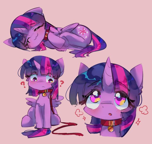 Size: 1058x1001 | Tagged: safe, artist:lexiedraw, derpibooru import, twilight sparkle, twilight sparkle (alicorn), alicorn, pony, unicorn, :3, :o, blushing, collar, image, leash, looking at you, open mouth, pet, pet play, pet tag, pettwi, png, pony pet, question mark, sleeping, solo