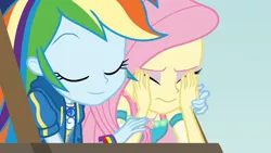 Size: 3410x1920 | Tagged: safe, derpibooru import, screencap, fluttershy, rainbow dash, equestria girls, equestria girls series, rollercoaster of friendship, clothes, cutie mark, cutie mark on clothes, duo, duo female, eyes closed, female, geode of fauna, geode of super speed, hoodie, image, jewelry, jpeg, magical geodes, necklace, photo booth (song), smiling